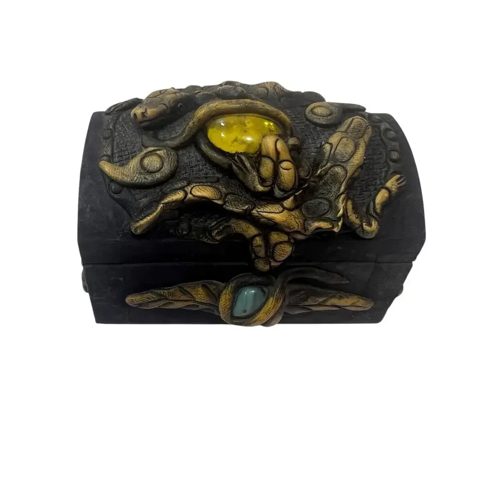 Southeast Asian Wooden Handmade Trinket Box Crocodile Carved Semi-precious Stone